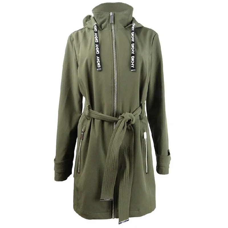 DKNY Women's Hooded Belted Water-Resistant Raincoat (M, Juniper)