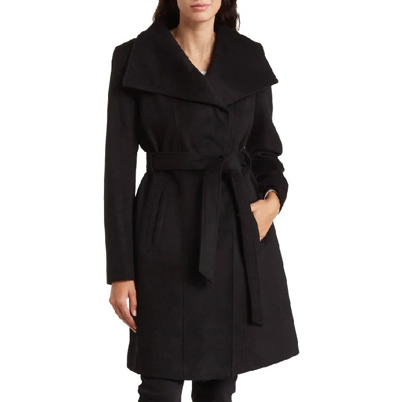 Michael Michael Kors Wool Belted Wing Collar Solid Black Wrap Coat