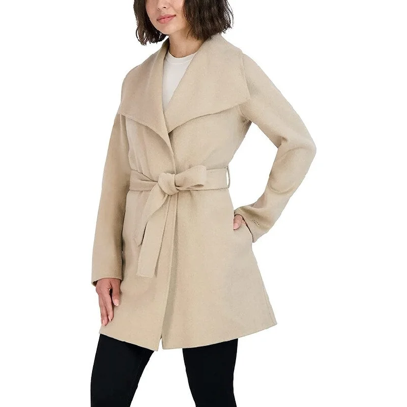 Tahari Women Ella Light Beige Ivory Tie Belt Wool Wrap Coat Jacket