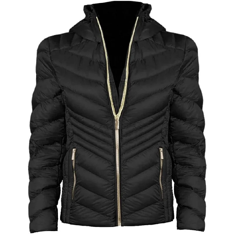 Michael Michael Kors Women Black Chevron 2 Layer Zipper 3/4 Hooded Packable Coat