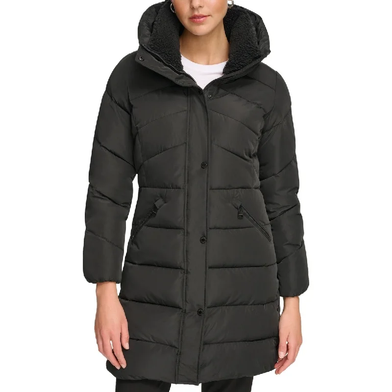 Calvin Klein Womens Hooded Stretch Puffer Coat with Faux Sherpa Collar Black - Size XXL