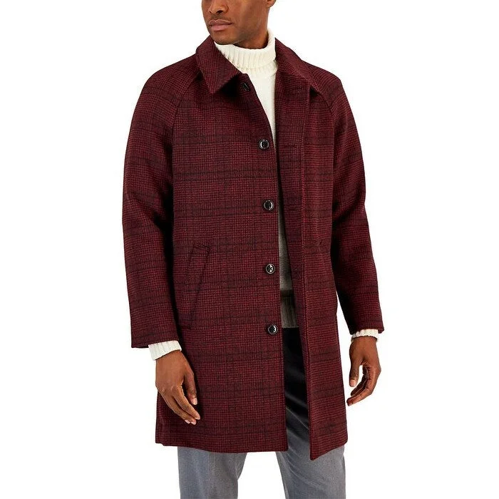 Alfani Mens Balmacaan Plaid Pattern Dual Pocket Top Coat Red Size Medium