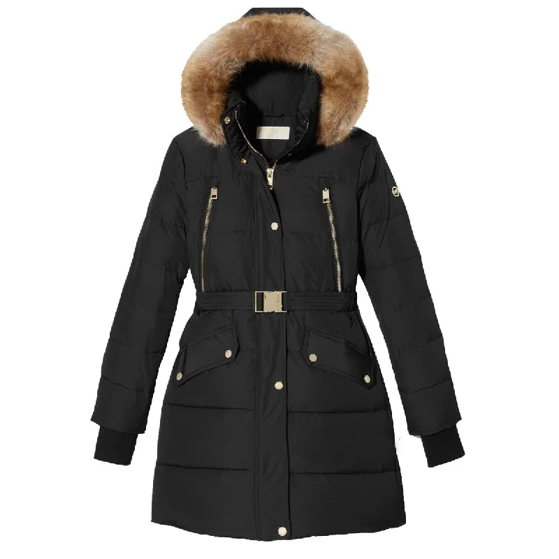 Michael Michael Kors Women Black Down Faux Fur 3/4 Length Belted Puffer Coat