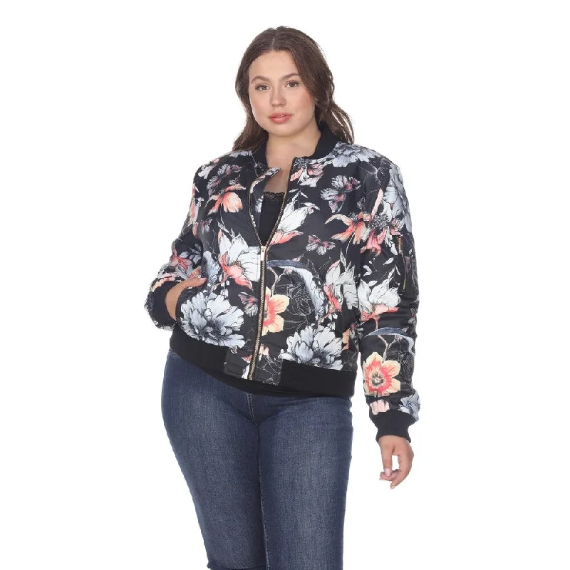 White Mark Women's Plus Size Floral Bomber Jacket