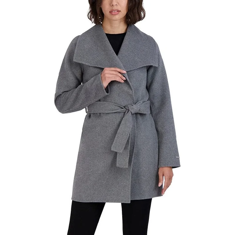 Tahari Women Ella Ash Gray Tie Belted Wool Wrap Coat Jacket