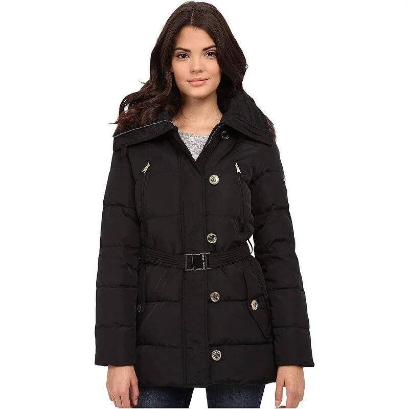 MICHAEL MICHAEL KORS Woman's Black Hooded Belted Quilted Puffer Down Coat 828