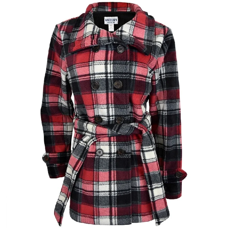 Victory Outfitters Women's Plaid Belted Microfleece Pea Coat