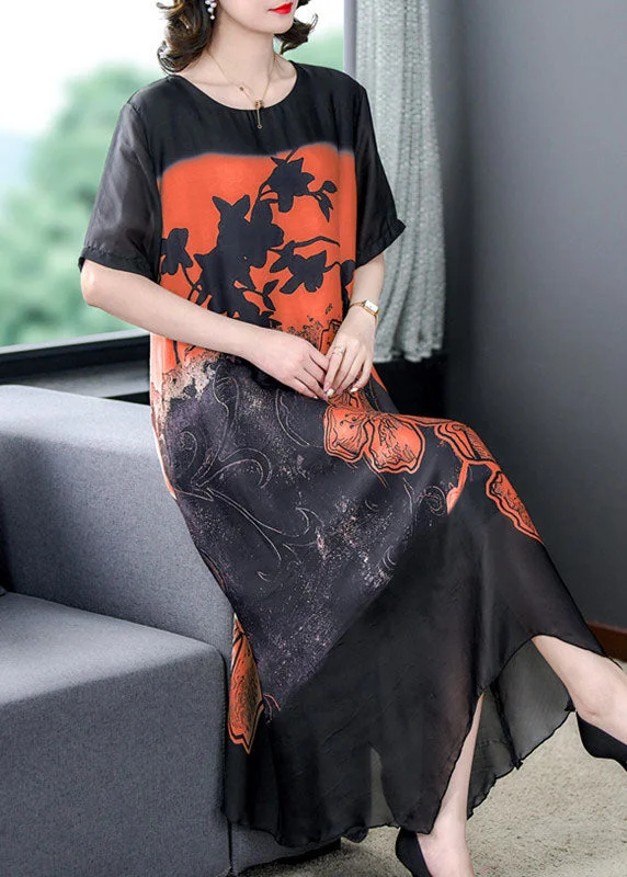 Orange Patchwork Silk Dresses O Neck Asymmetrical Design Summer