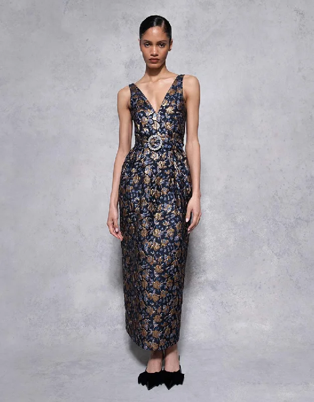 Jules Floral Jacquard Midi Dress - Navy/Gold