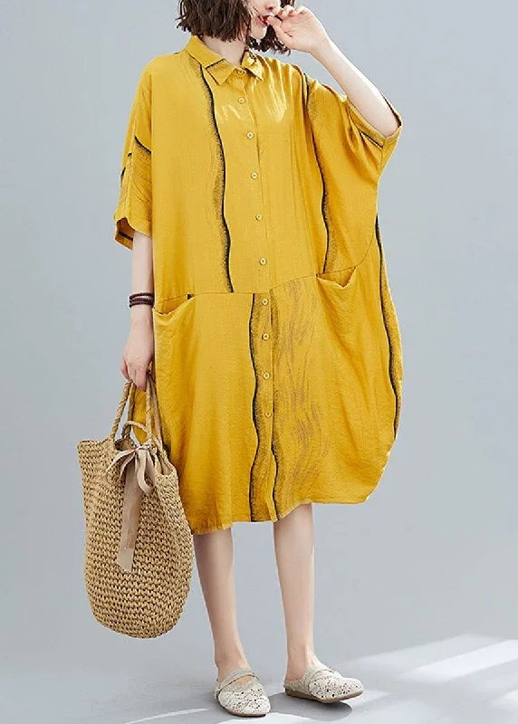 Yellow Peter Pan Collar Button Summer Party Dresses Half Sleeve