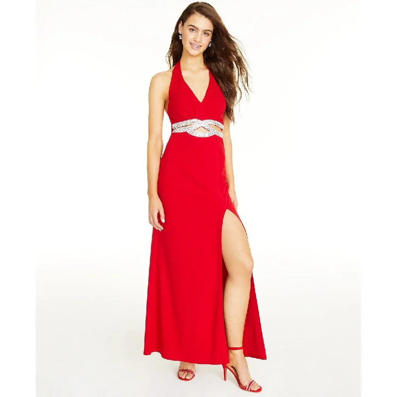 Speechless Juniors' Embellished Halter Gown Red Size 1