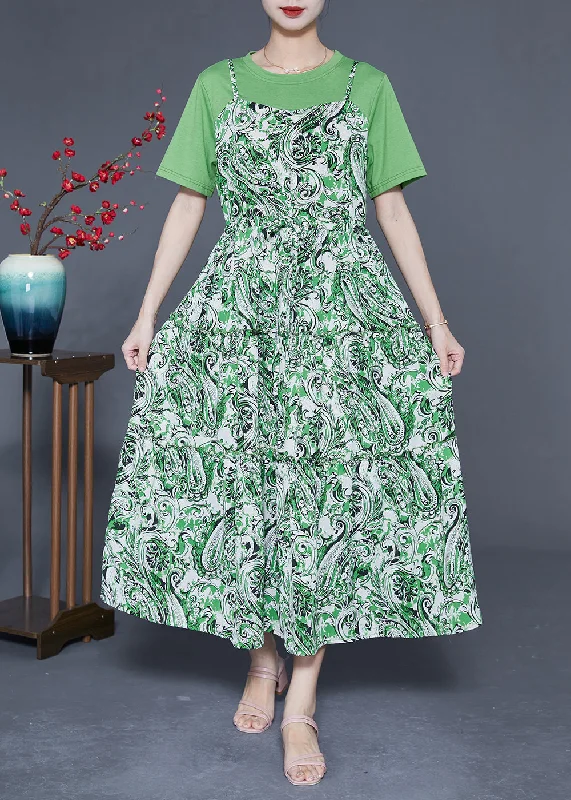 Beautiful Green O-Neck Patchwork Exra Large Hem Chiffon Fake Two Piece Dresses Summer