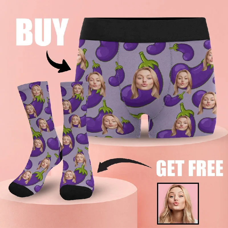 [Underwear+Socks]Custom Girlfriend Face Eggplant Pattern Men's All Over Print Boxer Briefs Personalized Underwear