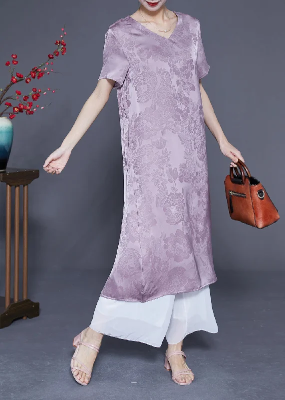 Simple Light Purple V Neck Jacquard Silk Vacation Dresses Summer