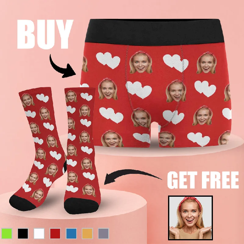 [Underwear+Socks]Personalized Men's All Over Print Boxer Briefs Custom Face Love Heart Red Underwear for Boyfriend Husband