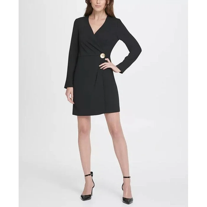 DKNY Women's V-Neck Gold Button Coat Dress Black Size 2