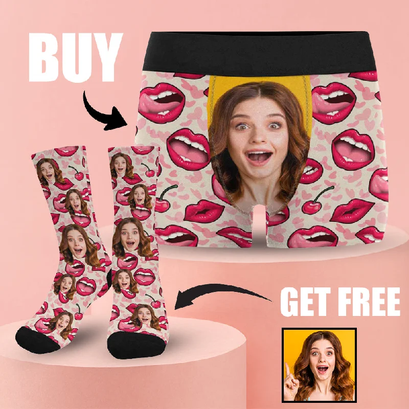 [Underwear+Socks]Custom Girlfriend Face Licking Lips Pattern Men's All Over Print Boxer Briefs Personalized Love Heart Underwear