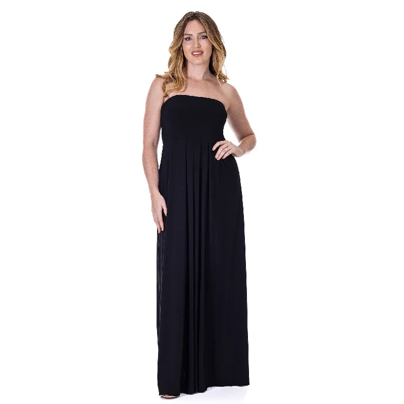 24seven Comfort Apparel Womens Pleated A Line Strapless Maxi Dress With Pockets