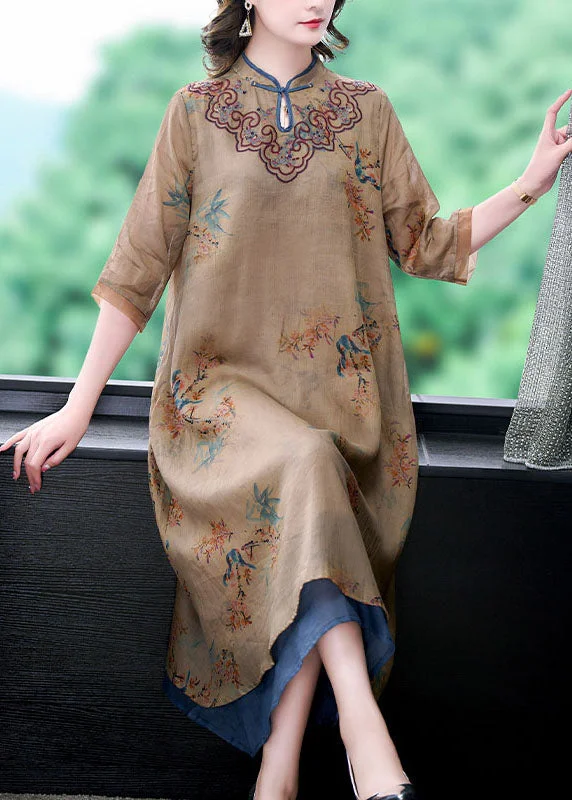 Vintage Coffee Stand Collar Embroideried Patchwork Linen Long Dresses Summer