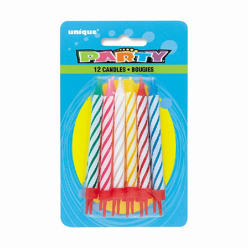 SPIRAL BIRTHDAY CANDLES IN CAKE HOLDERS (12 PK)