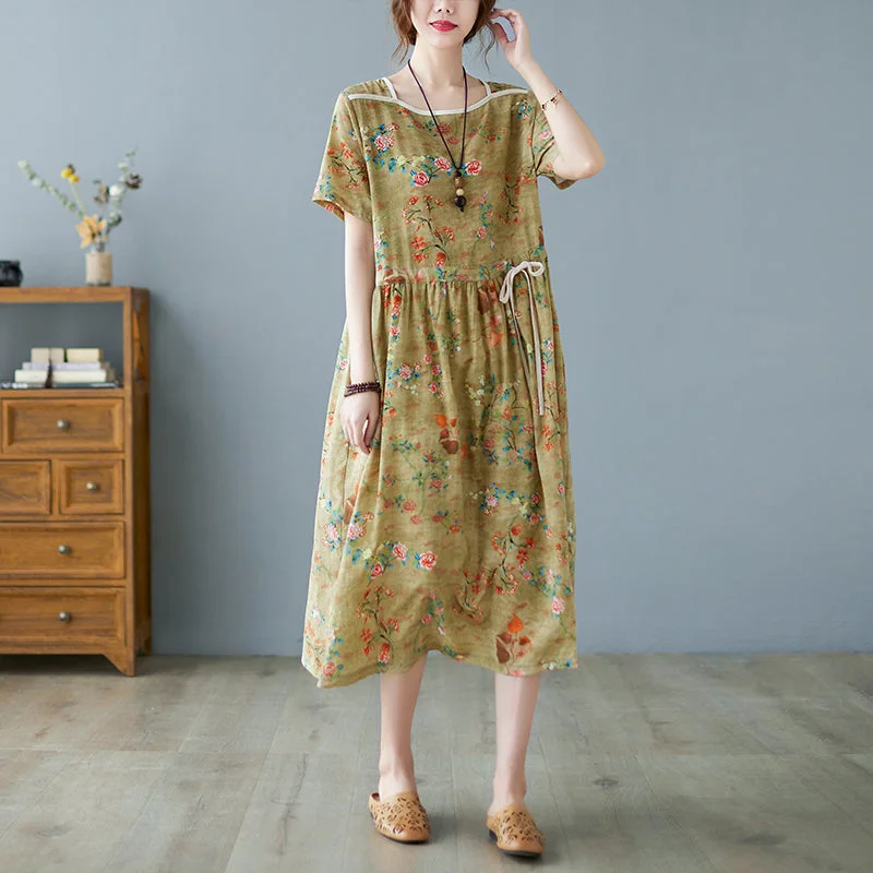 Yellow Print Cotton vacation Dresses drawstring Short Sleeve