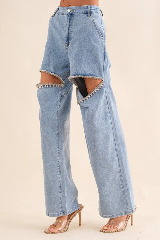 Washed Denim Cut Front Rhinestone Jeans in Light Wash