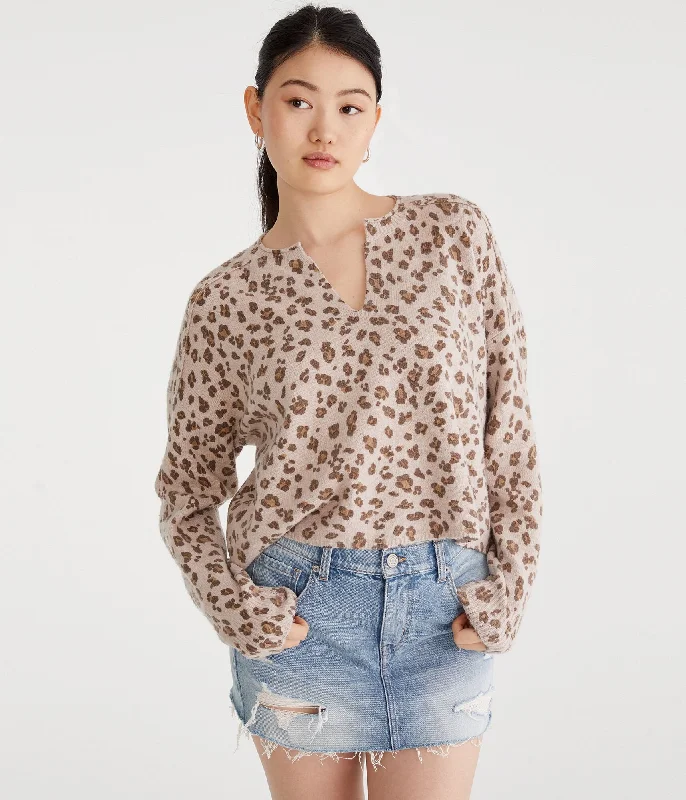 Aeropostale Leopard Oversized V-Neck Sweater