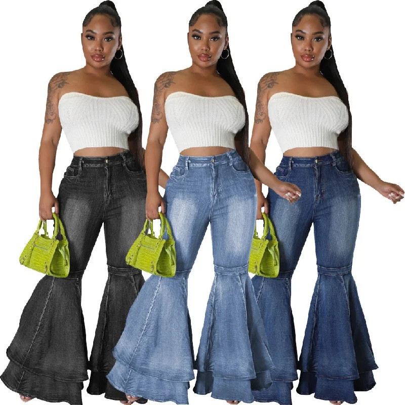 2023 J&H new arrival denim big flare pants fashion high elasticity plus size jeans women bell-bottoms streetwear