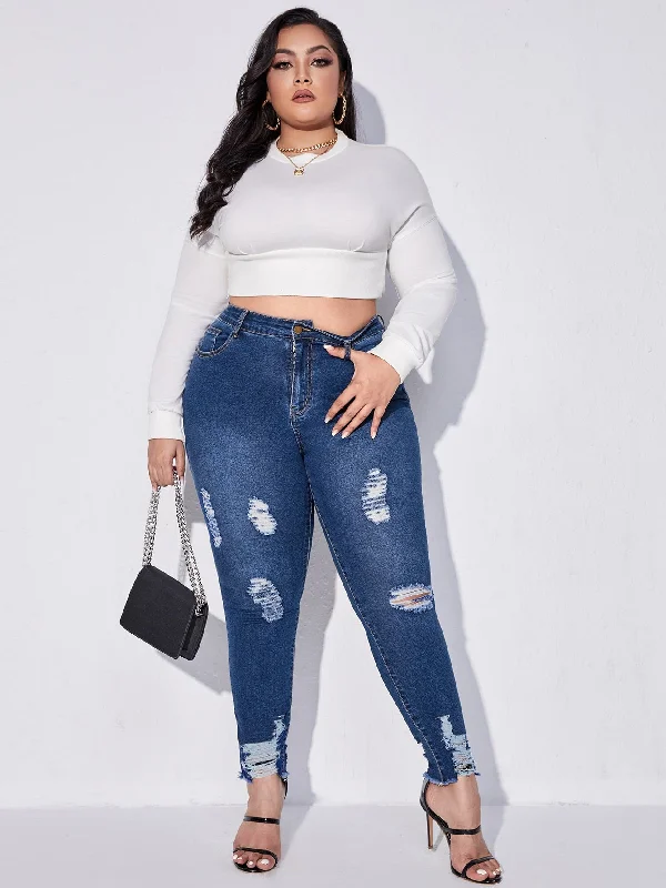 Plain Washed High Waist Cropped Plus Size Jeans