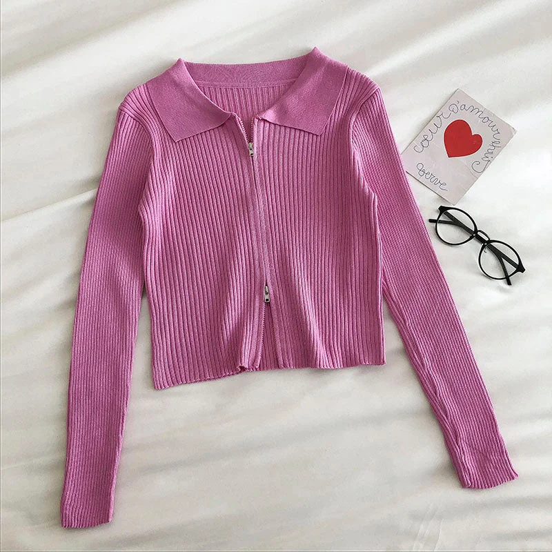 Women's fashion Lapel long sleeve short open navel sweater  6544