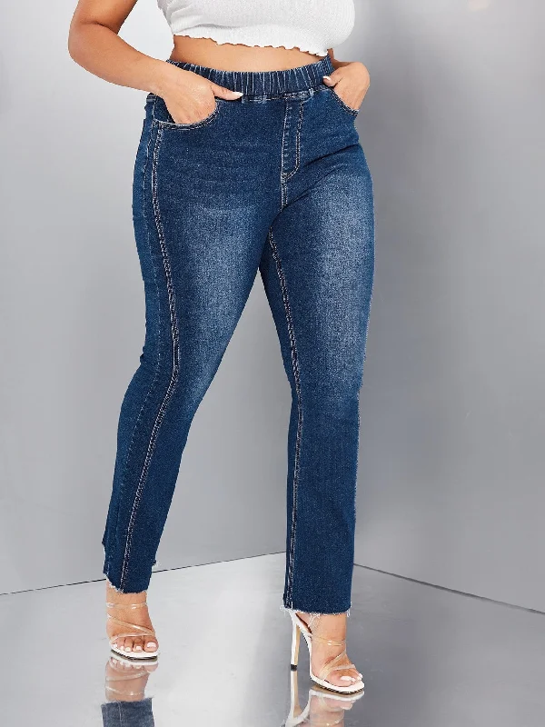 Plain Washed Natural Long Plus Size Jeans