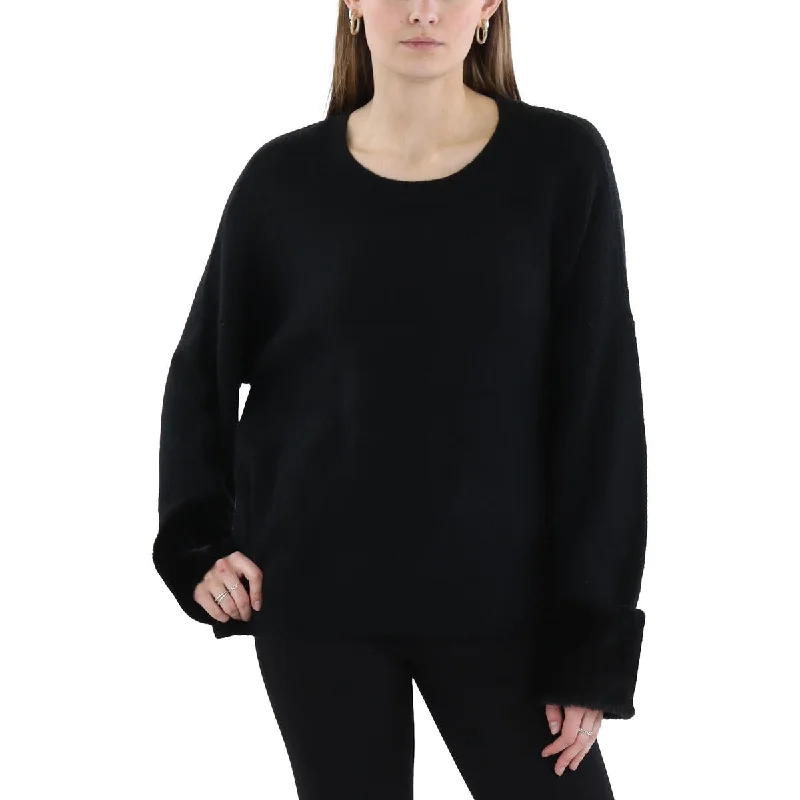 Womens Faux Fur Acrylic Crewneck Sweater