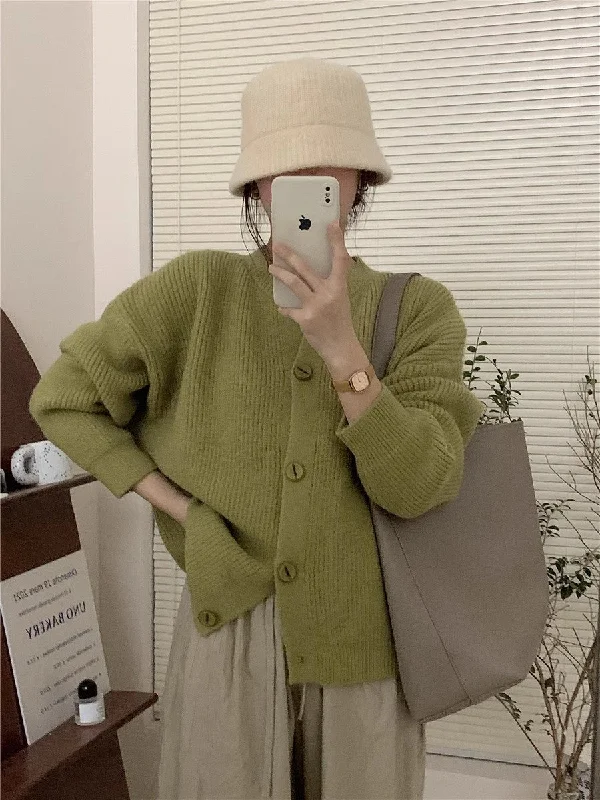 round neck solid color knitted cardigan for women autumn retro soft waxy loose warm sweater jacket      S3378