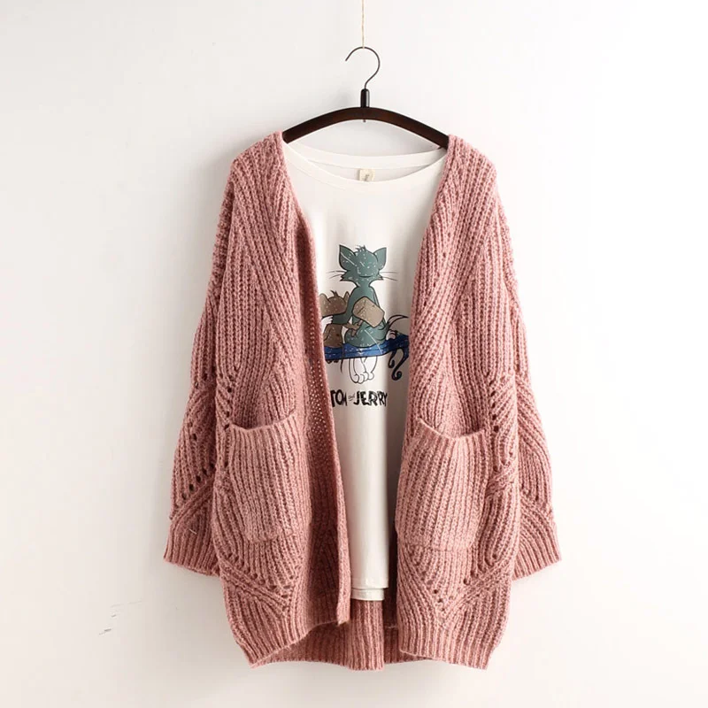 Pocket Loose Knit Cable Hollow Solid Color Sweater      S3047