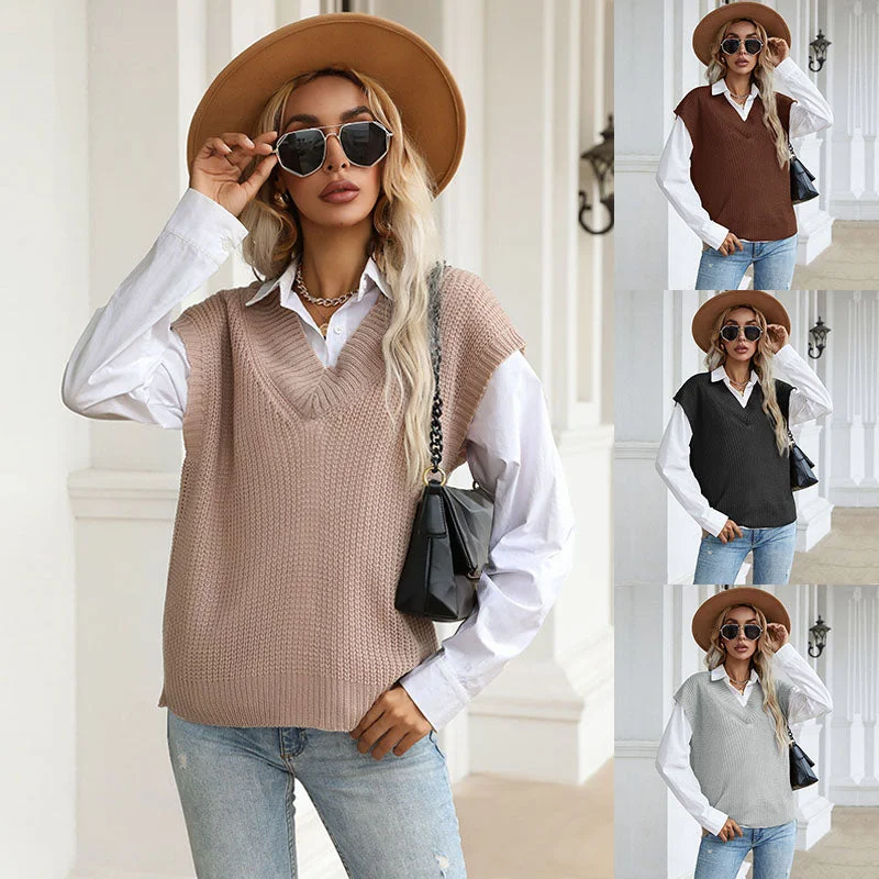 Wholesale Fall Knitted Sweaters Solid Sleeveless Women Sweater Vest Pullover Tops