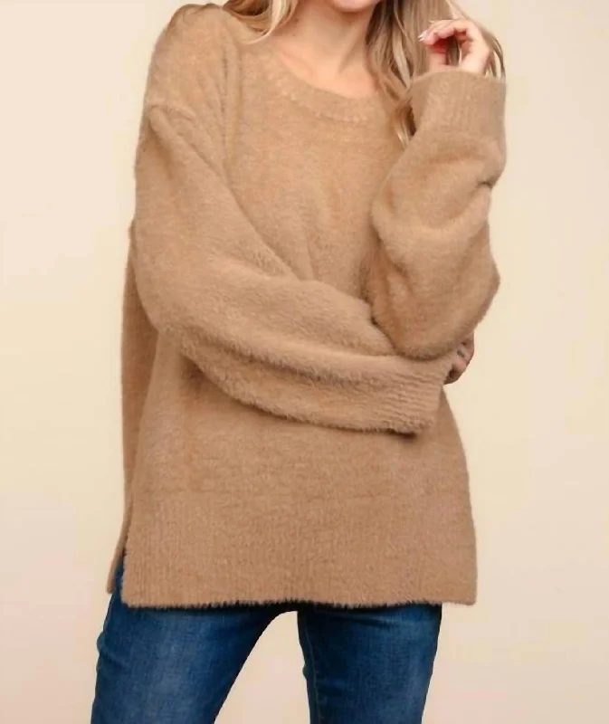 Fuzzy Round Neck Sweater In Taupe