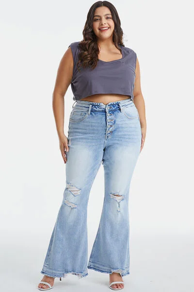 Everyday Style BAYEAS Full Size Distressed Raw Hem High Waist Flare Jeans