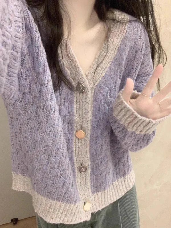 Taro purple v-neck sweater jacket for women Korean style knitted cardigan    S3384