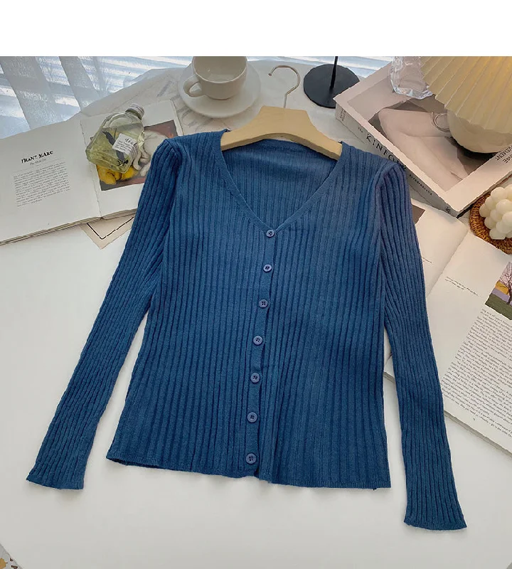 Knit cardigan slim slim V-Neck long sleeve top  6514