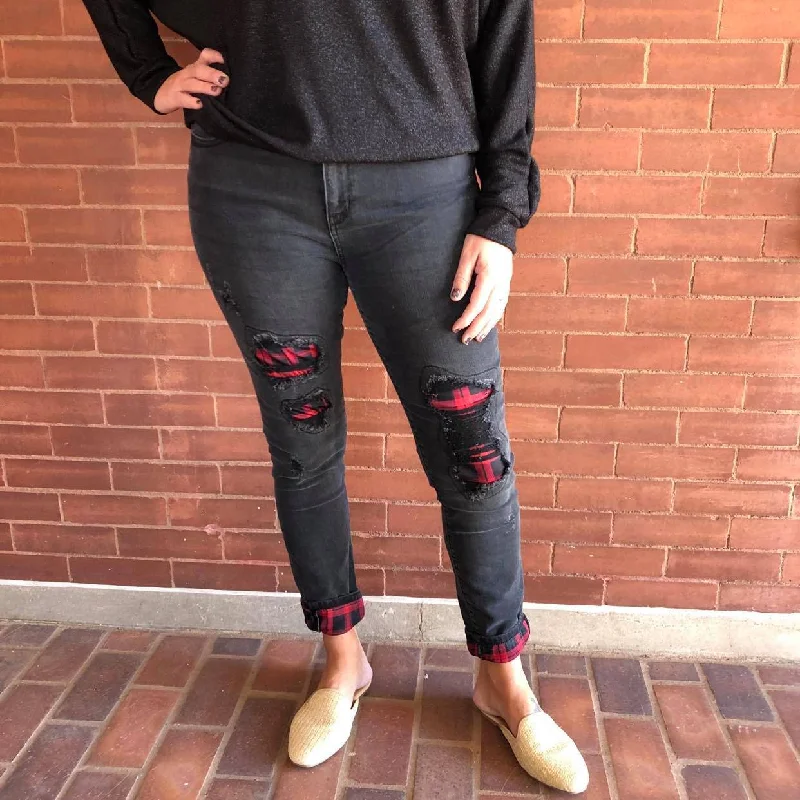 Black Destroyed Buffalo Plaid Patch Skinny Jeans