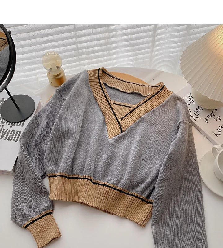 Long sleeve T-shirt retro contrast V-neck short temperament top  6551