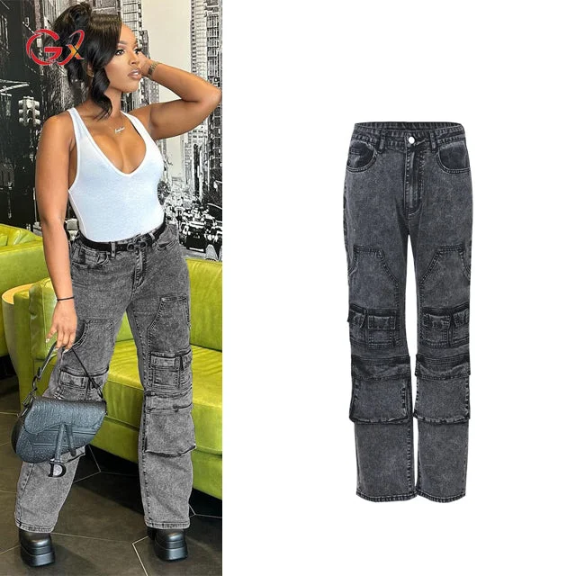 GX9145 Women 2023 Solid High Waist Gray Baggy Long Trousers Denim Cargo Pants Stretchy Ladies Straight Casual Jeans