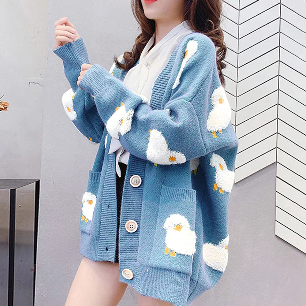 Women Oversized Knitting Cardigan Coat Cute Sheep Buttons Front with Pocket Loose Sweater Casual Jackets      S2798