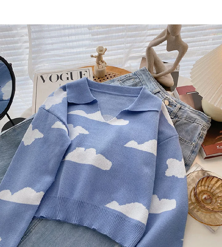 Long sleeve sweater contrast cloud Pullover Top  6532