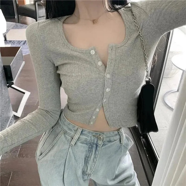 New Autumn Thin Ribbed Cardigan Women Sexy Long Sleeve O Neck Button Up Crop Top Korean Clothing     S2795