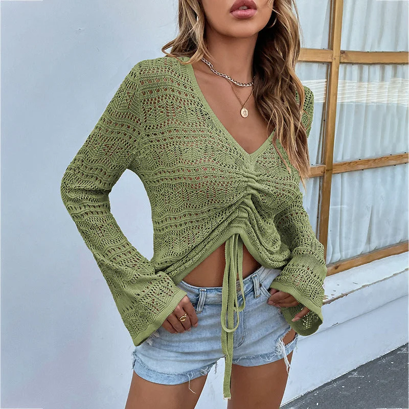 Sexy V-Neck Hollow Drawstring Knit Crop Tops Flared Sleeve Solid Color Loose Wholesale Sweater