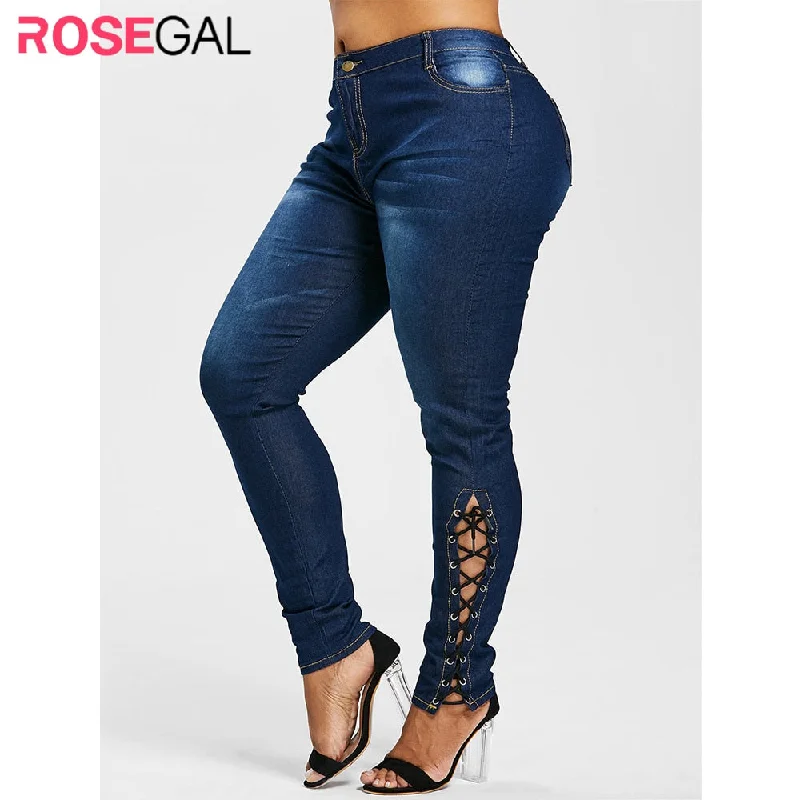 Rosegal Plus Size Zipper Fly Side Lace Up Jeans Skinny High Waist Pockets Denim Pant Women Jeans Pencil Pants Trousers Big Size