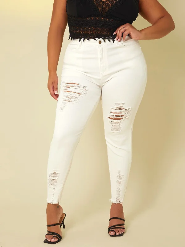 Plain Zipper Natural Cropped Plus Size Jeans