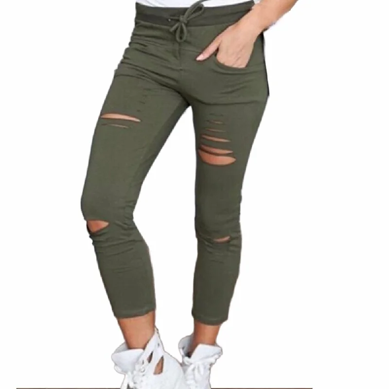 2019 Women Fashion Cotton Hole Pencil Pants Skinny Nine Points Pants High Waist Stretch Jeans Slim Pencil Trousers Capris Hot